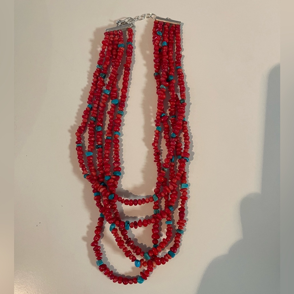 Jay King red coral and turquoise 17 inch necklace .925 sterling silver.